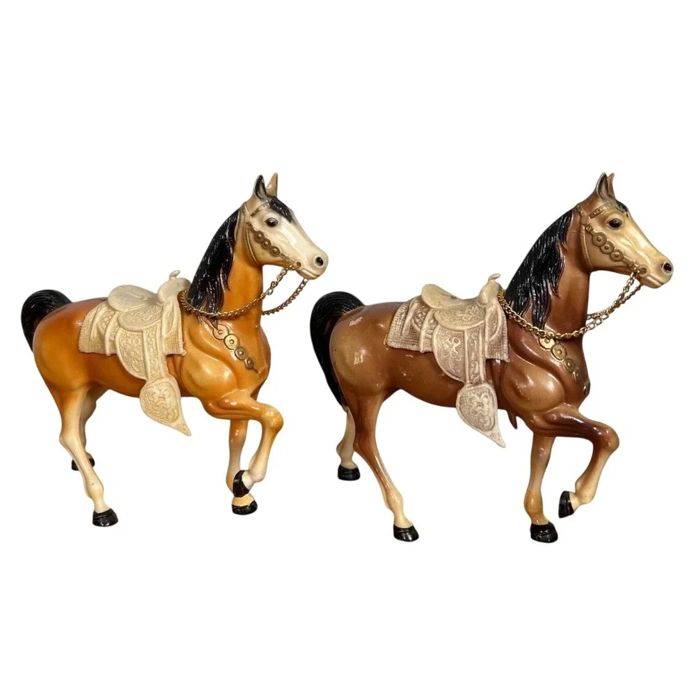 Vintage Hong Kong Plastic Horse Figurines Western Saddle Chains Retro Toy Set/2